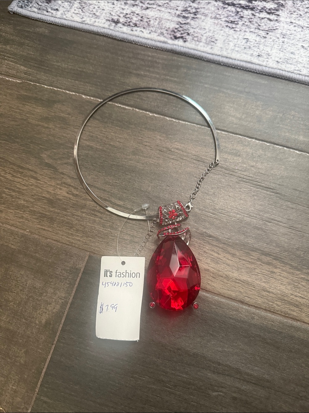 Fashion Jewelry Silver-Tone Necklace with Red Teardrop Crystal